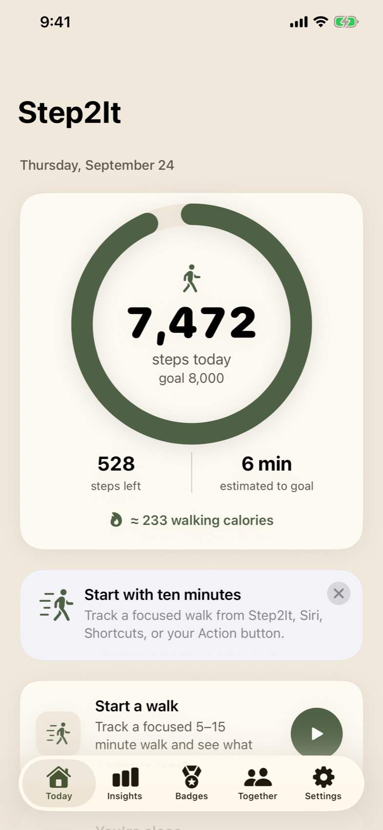 Step2It Today screen showing daily progress, remaining steps, and estimated walking time